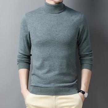 Pánske svetre farbou pletený pulóver turtleneck 100% vlna jar roku 2022 nový high-end bežné cashmere sveter