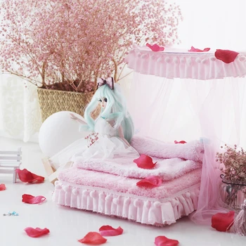 1/6 domček pre bábiky s Nábytkom hračka pre bábiky ružová mäkká posteľ model stanovuje bjd bábika Miniatúrne simulácia posteľ predstierať, že hrať hračky pre dievčatá dary