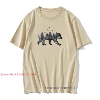 100% Bavlna T-shirt Mužov Béžové Tričko Retro Tshirts Medveď Lesa Topy Umenie Dizajn Zábavné Grafické Grafické Krátky Rukáv Tees