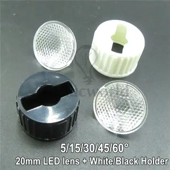 100 nastavenie 20 mm LED Optické Šošovky + Biela Objektív Držiteľ alebo Čierne Šošovky Držiteľ Uhol 5 15 30 45 60 Stupňov Pre 1w 3w High Power Led