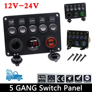 12V/24V 5 Gang Inline Byt. rozvádzač LED Prepnúť Panel Dual USB Auto, Loď Truck Camper Digitálne Napätie Displej Modrý/Zelený/Červený LED Svetlo