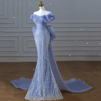 14480# VAN Modrá Elegantné Ramena Luk Čipky Morská víla Fishtail Šaty Formálne Šaty Prom Šaty Večerné Šaty Reálny Obraz