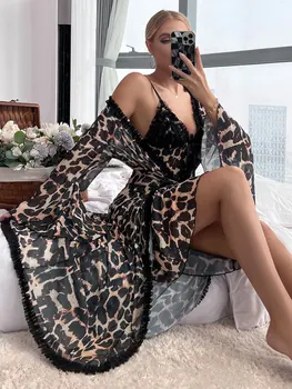 2 ks Sexy Leopard Tlač Frill Výbava Oka Župan a Noc Šaty Letné Župan Nightgown Dlho Kimono Mäkké Nightie