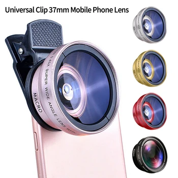 2 V 1, Objektív Univerzálny Klip 37mm Mobilný Telefón Objektív Profesionálne 0.45 x 49uv Super širokouhlý + Makra HD Objektív Pre iPhone Android