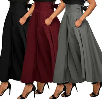 2019 Vysoký Pás Skladaný Dlhé Sukne Ženy Vintage Horela Plný Sukne Swing Saténové Sukne Bežné Sukne