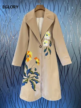 2020 Jeseň Zimné Móda Dlhá Srsť Výkopu Vysoko Kvalitné Ženy Nádherné Kvetinové Výšivky Jedným Tlačidlom Bežné Kabát Outwear