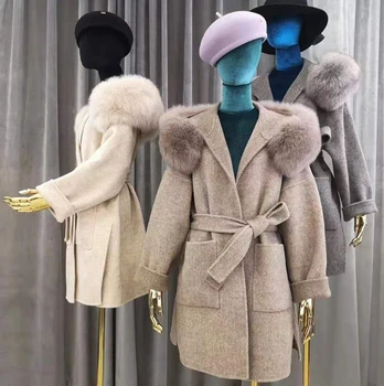 2021 Európskej Zimné Dlhé Cashmere Kabát S Reálnymi Fox Kožušinu Orezania Kapota Teplé, Hrubé Veľké Vrecká, Bunda Pravej Vlny Outwear