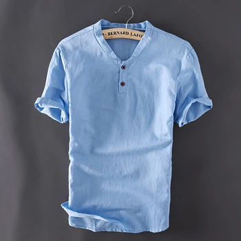 2021 Lete Nové Voľné Bavlnená posteľná Bielizeň T-shirt Mužov Krátky Rukáv Bežné Vintage Camiseta De Los Hombres