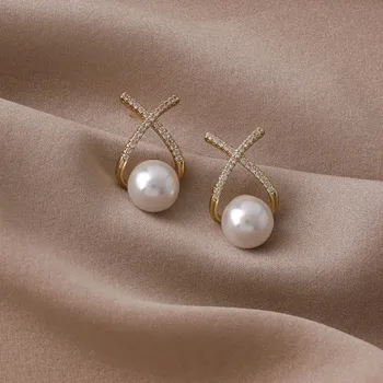 2021 Nový Príchod Trendy Svetlo Luxusné X Písmeno Simulované-pearl Kríž Náušnice Pre Ženy Kvapka Vody Crystal Prívesok Šperky