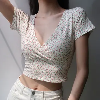2021 Vintage Kvetinový Topy pre Ženy Hlboko V T-shirts Krátke Dizajn Vyššie Brucho Slim Topy Tees Ženy Letné Oblečenie y2k top tričko