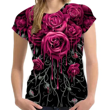 2022 Letné dámske tričká Top Ružové Zlato Krátky Rukáv Rose 3d Tlač Dámske Tričko Harajuku Módne O-neck Tričko Žena Tees 6xl