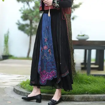 2022 vintage ženy bavlnená posteľná bielizeň sukne kvetinové výšivky etnickom štýle patchwork elastický pás midi sukne čínsky národný sukne