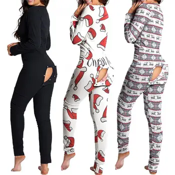 2022 Ženy Vianočné Onesies S Zadok Klapka Pre Dospelých Sexy Sleepwear Romper Otvoriť Zadok Pyžamo Jumpsuit Vianoce Pyžamo Dlhé Nightie