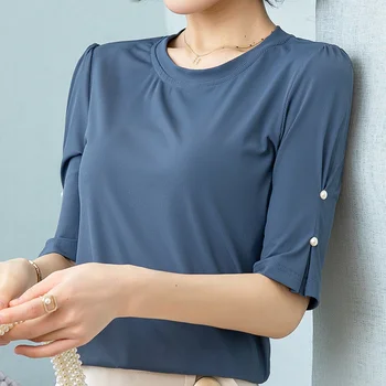 2023 Ice Hodváb 5-Bodové Rukáv Všestranný T-Shirt dámske Letné Nový kórejský Módne Kolo Krku Temperament Slim Pure Color Top