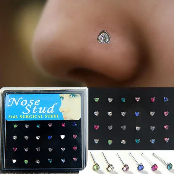 24pcs/súbor Srdce Tvar Nosa Krúžok & Klincami Módne Piercing Šperkov Crystal Nos Prstene Pre Ženy Ucho Chrupavky Helix Piercing