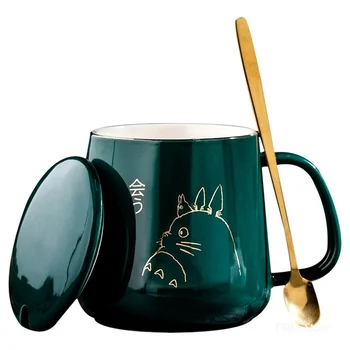 400 ml Nový Produkt v Európskom Štýle Svetlo Luxusnom Zlato-maľované Keramické Káva Hrnček s Vekom Lyžice Vody, Pohár Cartoon Totoro Hrnček