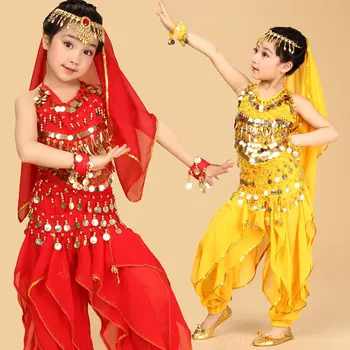 4pcs/Set Výkon Bollywood Dievčatá Baletné Šaty Pre Deti Dievča Deti Balet Kostým Egypt Tanečné Sety Dievča Indickej Bellydance