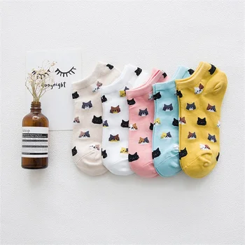 5 Párov Cartoon Bavlna dámske Krátke Ponožky Cute Cat Ovocie Znášať Nízke Ponožky Letné Módy Bežné Zábavné Pruhované Tlač Ponožky