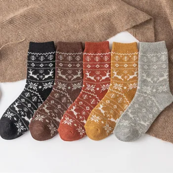 5 Párov Jeseň a v Zime Snow Flake Elk Králik dámske Vlnené Ponožky Mid-tube Japonský Retro Teplé Vianoce Ženy Bežné Ponožky