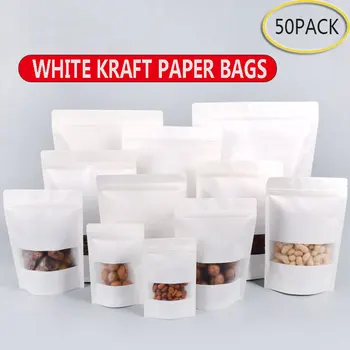 50pcs biely sulfátový papier tašky postaviť Zips/zip lock cukrovinky, čaj, sušené ovocie darčekové balenie Vlhkosti-dôkaz otvoriť okno puzdro
