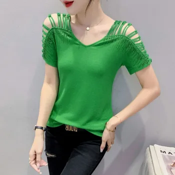 #6967 Čierna Biela Zelená Mimo Ramenný Tričko Ženy Diamanty Sexy tvaru Duté Von Krátky Rukáv T-shirt Žena Slim kórejský Štýl