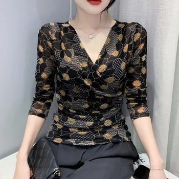 #7966 Black Zábal T Shirt Ženy tvaru Sexy 3D kvetov Vytlačené Tričko Žena Dlhý Rukáv Tesný Oka Krátke Tričko Dámske Tenké Vintage