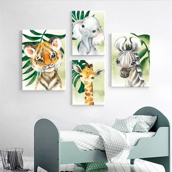 Akvarel Zvierat Plagát, Slon, Tiger Roztomilý Kreslený Škôlky Deti Izba Tropických Rastlín Listy Maľovanie Detská Izba Decor