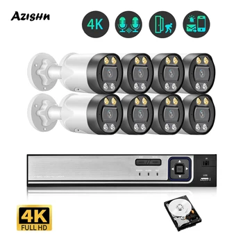 AZISHN 4K kamerovým Systémom 8CH HD POE NVR Auta P2P obojsmerné Audio CCTV kamerový Set Drobet Nočné Videnie IP 8MP Camer