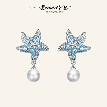BAMOER U Skutočné 925 Sterling Silver Ocean Blue Hviezdice s Pearl Stud Náušnice pre Ženy Zapojenie Vyhlásenie Šperky BSE405