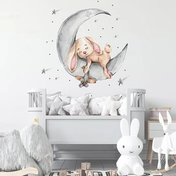 Cartoon Bunny Medveď Spí na Mesiac a Hviezdy, ktoré sú Samolepky na Stenu pre Deti Izba Detská Izba Dekorácie Stenu Miestnosti Interiéru