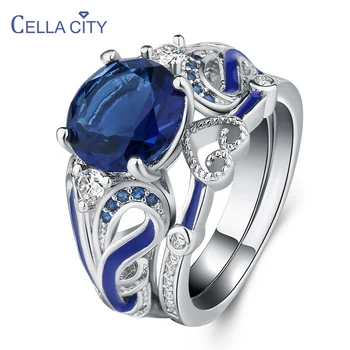 Cellacity Charms Sapphire Milovníkov Krúžok pre Ženy, Striebro 925 Šperky, Luxusné, drahé Kamene Dve kus prsteň Dutiny Srdca Výročie