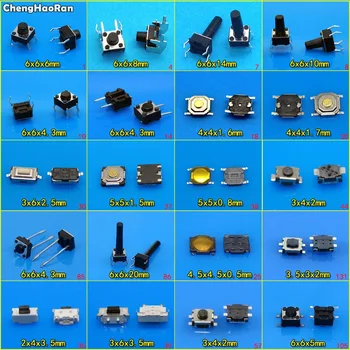 ChengHaoRan 20Models 6x6x4.3/5/6/20 mm Takt Dotykové Tlačidlo Prepnúť SMD Sortiment Kit Set,4Pin Micro Switch 3x4x2mm