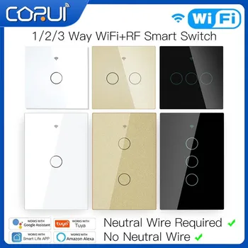 CORUI Tuya WiFi Smart Sklenený Panel Dotykový Spínač RF433 Nula Fire Line Ovládanie Hlasom Bezdrôtový nástenný Spínač, Práca S Alexa Google