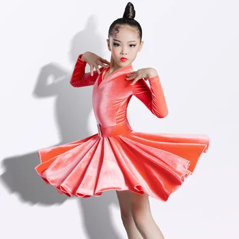 Deti Latinské Tanečné Šaty Školenia Oblečenie Sivá Jeseň Zima Kórejský Velvet Dlhý Rukáv Dievčatá Súťaže Oblečenie