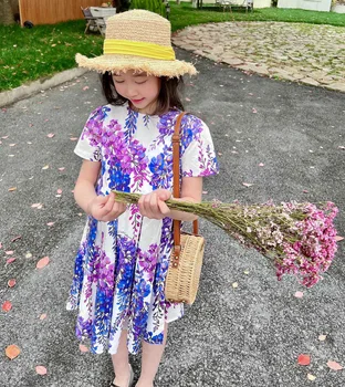 Deti zdobiť wisteria kvetinový vzor, dievčenské šaty letné krátke rukáv šaty vlastné tkaniny vysokej kvality šaty