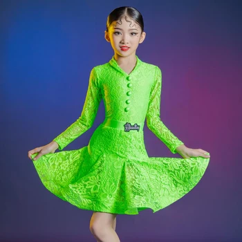 Detské Tanečné Oblečenie Pre Dievčatá, Dlho Puzdre Zelená latinské Tanečné Šaty Sukne Výkon Sála Tanečný Kostým SL6199