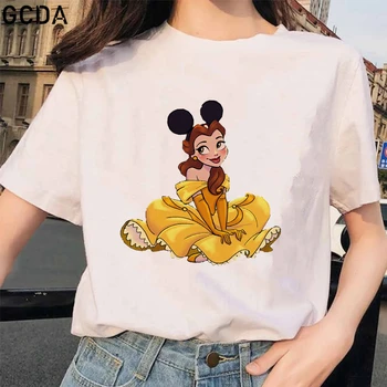 Disney Karikatúry Belle Mickey Ucho Klobúk Kráska a Zviera Tričko Topy Lete Bežné Ženy T-shirts Harajuku Krátke Rukáv Tričko