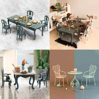 Doll house retro železa tabuľka obývacia izba, Kuchyňa mini jedálenský stôl a stoličky, nábytok, doplnky štvorcový stôl a stoličky nastaviť