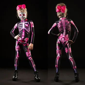 Dospelý Dieťa, Matka, Dcéra Halloween Kostra Cosplay Jumpsuit Pink Rose Ženy Sexy Lebky Strašidelné Kostýmy Dievča 3D Tlač Kombinézu