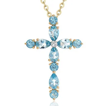 Drahé kamene akvamarín kríž náhrdelník prívesok pre ženy, blue crystal 18k zlata farba reťazca choker šperky bijoux luxusné príslušenstvo