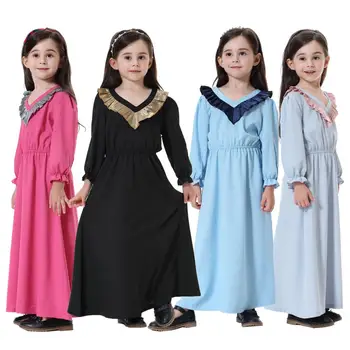 Dubaj arabské Moslimské Dievča Šaty Turecko Sladké Volánikmi A-line Abaya Šaty Deti Islamských Šaty, Šaty Burka Dieťa Jilbab Vestidos