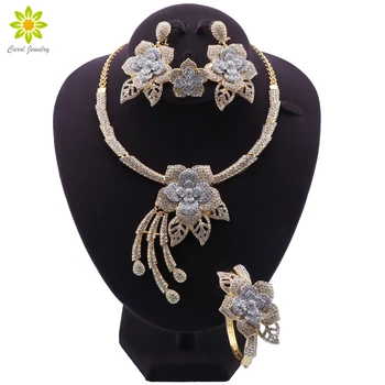 Dubaj Módne Šperky Sady Kvet Tvar Prívesok Crystal Náhrdelník Náramok, Náušnice, Prsteň, Šperky Dubaj Svadobné Svadobné Šperky Set