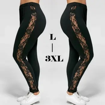 Dámske Legíny Kvetinová Čipka Bočný Panel Vystrihnúť Čierne Legíny Slim Strečové Nohavice Plus Veľkosť UK10-18