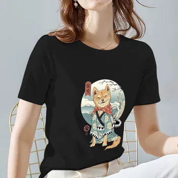 Dámske Oblečenie T-shirt Módne Topy Bežné Komiksu, Japonskej Shiba Inu Vzor Tlač Slim Kolo Krku Prímestských Čierne tričko