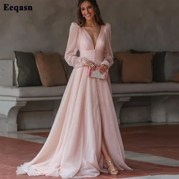 Eeqasn Blush Pink Formálne Prom Šaty Lesk Tylu Predné Štrbinou Dlhé Rukávy Večer Party Šaty Backless Tlačidlá Celebrity Šaty