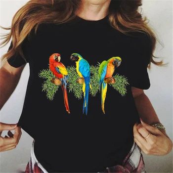 Farebný Papagáj S Tropické Kvety Print T Shirt Ženy Korely Vták Čierne Tričko Femme Kawaii Oblečenie Žien T-Shirt Topy