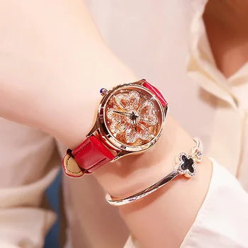 GUOU je Nové Lásky Tvar Dutých Lady Svieti Otáčania Šaty Sledovať Veľký Diamantový Kameň Náramkové hodinky Lady Originálne Kožené Hodinky Hodiny