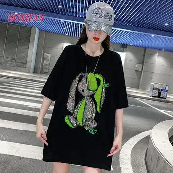 Harajuku Hip-hop Nadrozmerné Lištovanie T-shirt Ženy 2022 Nové Voľné Mid-dĺžka-Krátke rukávy Top kórejský Y2k Topy