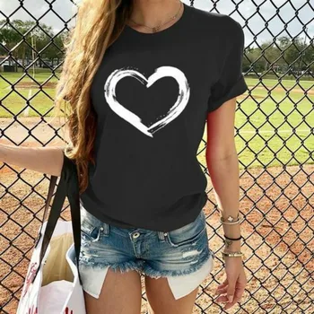 Harajuku Srdce Print T Shirt Ženy Krátky Rukáv O Krk Voľné Tričko 2022 Letné Tee Topy Krátky Rukáv Žena Camisetas Mujer