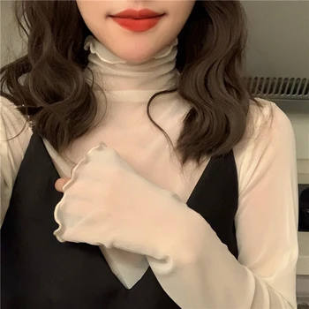High-Hrdlom Dlhým Rukávom Oka Tričko Ženy Sexy Transparentné Tenké Vnútorné Košele Žena kórejský Módne Biele Tričko Ženy 2021